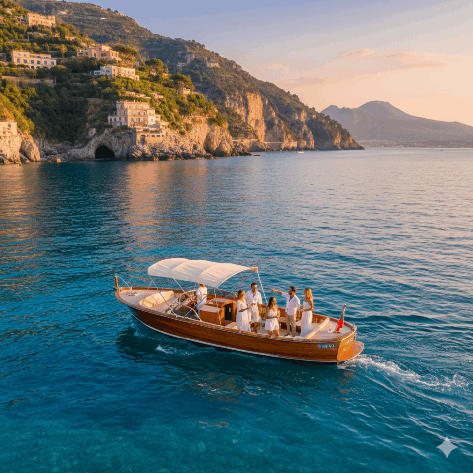 Luxury traditional Gozzo boat rental in Sorrento overlooking the Amalfi Coast cliffs at sunset
